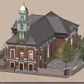 European Style Building With Tower Gray Roof Red Brick Exterior Windows Trees And Fence