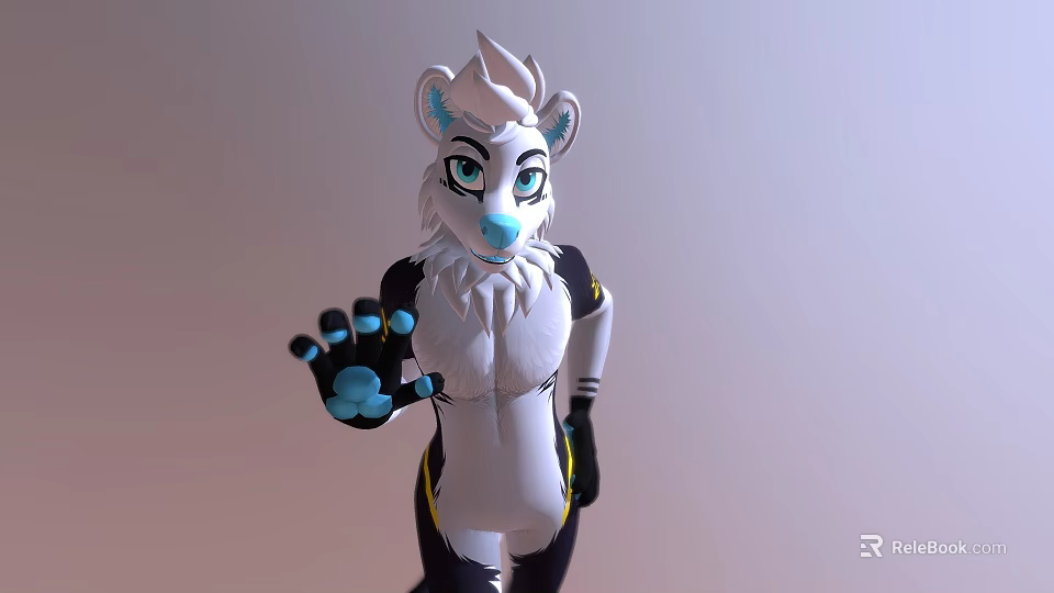 White Fur Anthropomorphic Snow Leopard Game Character With Blue Nose Green Eyes And Waving Hand 3d model 