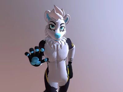 White Fur Anthropomorphic Snow Leopard Game Character With Blue Nose Green Eyes And Waving Hand 3d model
