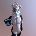 White Fur Anthropomorphic Snow Leopard Game Character With Blue Nose Green Eyes And Waving Hand