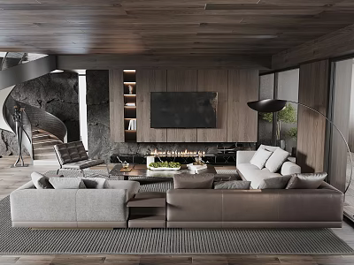 Modern Living Room Interior Design With Wooden Ceiling Stone Wall Fireplace And Large Sofa 3d model