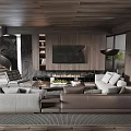 Modern Living Room Interior Design With Wooden Ceiling Stone Wall Fireplace And Large Sofa