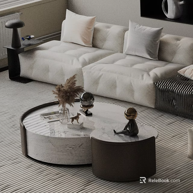 Modern White Sofa And Round Marble Coffee Table Set With Pampas Grass And Decorative Figurines 3d model 