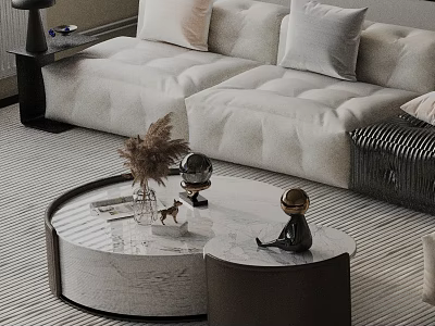 Modern White Sofa And Round Marble Coffee Table Set With Pampas Grass And Decorative Figurines 3d model