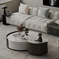 Modern White Sofa And Round Marble Coffee Table Set With Pampas Grass And Decorative Figurines