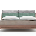 Double Bed With Green And Grid Pattern Headboard Wooden Frame Gray Bedding And White Pillows 3d model