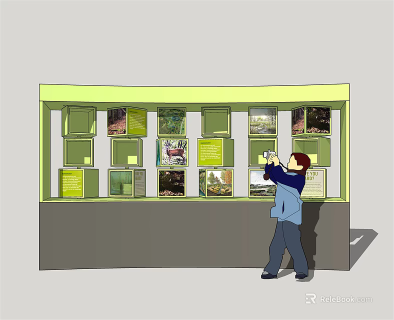 Public Facility Information Showcase With Multiple Exhibits And Visitor Taking 3d model 