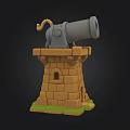 3D Model Of Cannon On Stone Tower With Wooden Platform And Green Grass