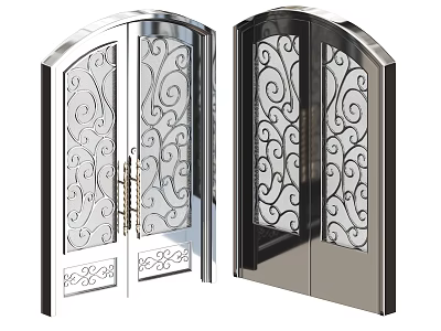 Ornate Metal Double Doors With Scroll Design Glass Panels For Modern Entry Decor 3d model