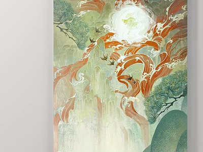 Traditional Animal Painting Art With Green Trees Red Waves And Mountain Background 3d model
