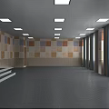 School Multipurpose Hall With Colorful Square Patterned Walls Recessed Ceiling Lights And Stepped Platform 3d model