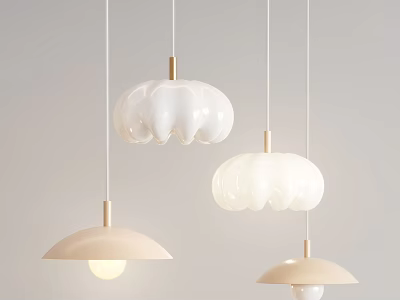 Modern White And Beige Cloud Shaped Pendant Lights With Golden Rods On Light Background 3d model