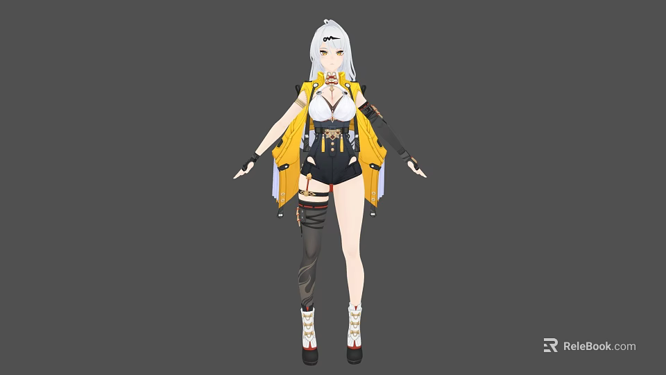 Silver Haired Woman In Yellow And Black Futuristic Outfit With Equipped Waist And Long Boots 3d model 