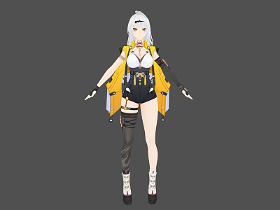 Silver Haired Woman In Yellow And Black Futuristic Outfit With Equipped Waist And Long Boots 3d model