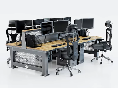 Industrial Office Desk With Metal Frame Wooden Top Mesh Design Multiple Monitors And Ergonomic Chairs 3d model