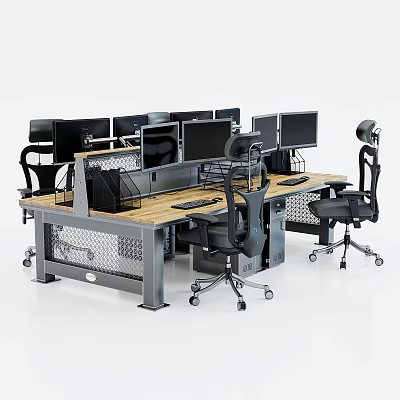 Industrial Office Desk With Metal Frame Wooden Top Mesh Design Multiple Monitors And Ergonomic Chairs 3d model