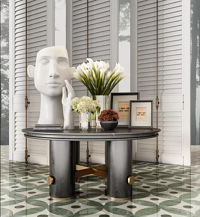 Elegant Modern Console Table With Marble Top Sculpture Vase And Framed Art 3d model