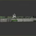 Outdoor Courtyard Scene With Stone Wall Green Hedge Circular Flower Bed And Paved Ground