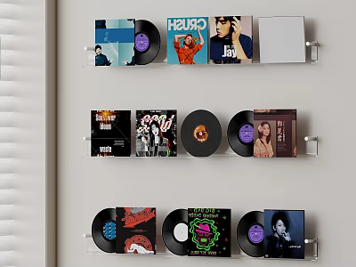 Wall Mounted Shelves Displaying Vinyl Records And Album Covers At Home 3d model