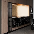 Modern Kitchen Interior With Wooden Cabinets Black Marble Countertop And Golden Backsplash