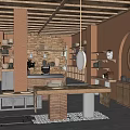 Ceramic Vessels Display In Rustic Interior With Brick Wall Wooden Shelves And Hanging Light
