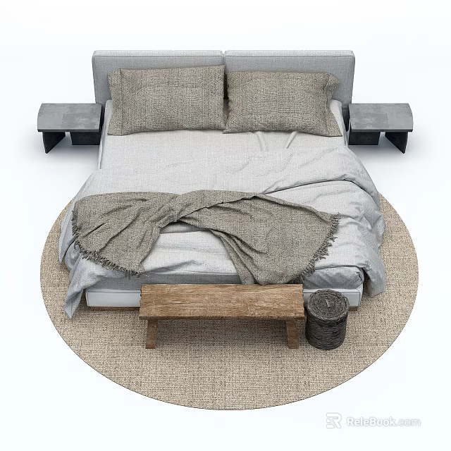 Comfortable Double Bed With Gray Pillows Blanket Black Nightstands Wooden Bench And Woven Rug 3d model 