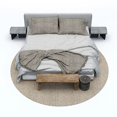 Comfortable Double Bed With Gray Pillows Blanket Black Nightstands Wooden Bench And Woven Rug 3d model