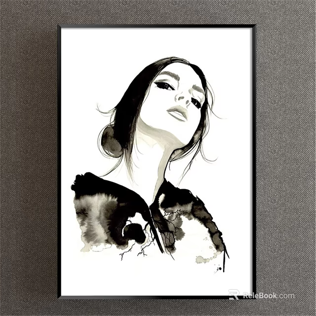 Ink Wash Style Female Portrait Painting With Serene Expression And Updo Hairstyle 3d model 