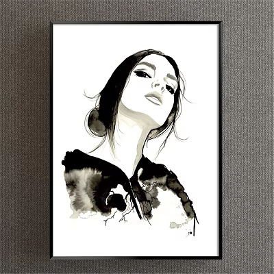 Ink Wash Style Female Portrait Painting With Serene Expression And Updo Hairstyle 3d model