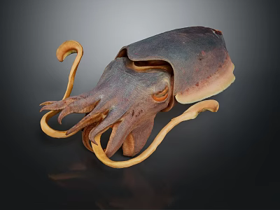 Squid With Curved Tentacles And Dark Brown Body On Black Background 3d model