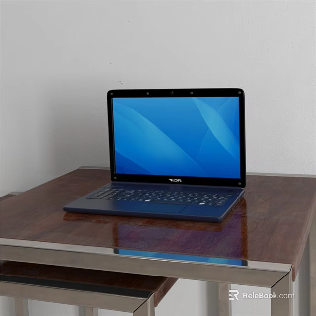 Open Dell Laptop With Blue Screen Display On Wooden Table Surface 3d model 