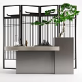 Modern Oriental Entryway Console Table Design With Grid Screen And Potted Pine Tree 3d model