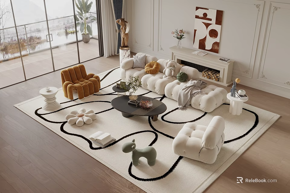 Plush Sofa and Coffee Table Modern Living Room with Geometric Rug Accent Chair and Sculptures 3d model 