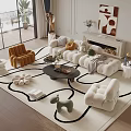 Plush Sofa and Coffee Table Modern Living Room with Geometric Rug Accent Chair and Sculptures