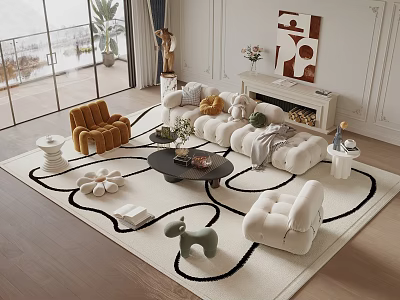 Plush Sofa and Coffee Table Modern Living Room with Geometric Rug Accent Chair and Sculptures 3d model