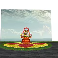Red Patriotic Vase with Colorful Flowers and Red Heart Shaped Patterns on Yellow Background