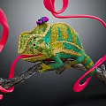 Colorful Chameleon With Green Yellow Stripes And Purple Flower On Tree Branch With Pink Ribbons