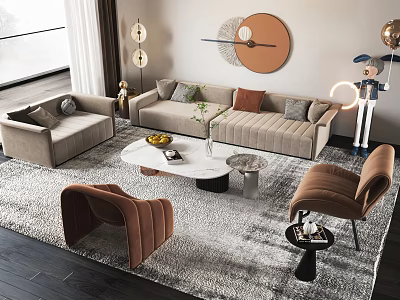 Modern Living Room Sofa And Coffee Table Set With Light Colored Upholstery And Accent Chairs 3d model