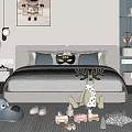 Cozy Kids Room With Double Bed Stuffed Toys Pillows Striped Rug And Pendant Lights