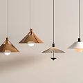 Modern Design Pendant Lights with Wooden Metal Details and Various Shapes Hanging in Minimalist Space