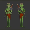 Frog Character Design With Crown Sword Shield Red Skirt And Two Angles 3d model