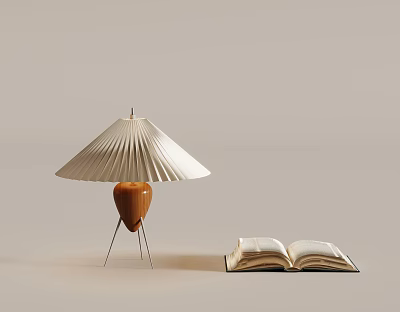 Elegant Table Lamp With Pleated Lampshade And Wooden Base Beside Open Book 3d model
