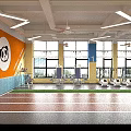 Indoor Gym With Running Track Fitness Equipment Orange Wall Next Run Sign And Green Area