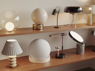Stylish Table Lamps With Various Designs And Materials On Wooden Shelf For Home Decor 3d model