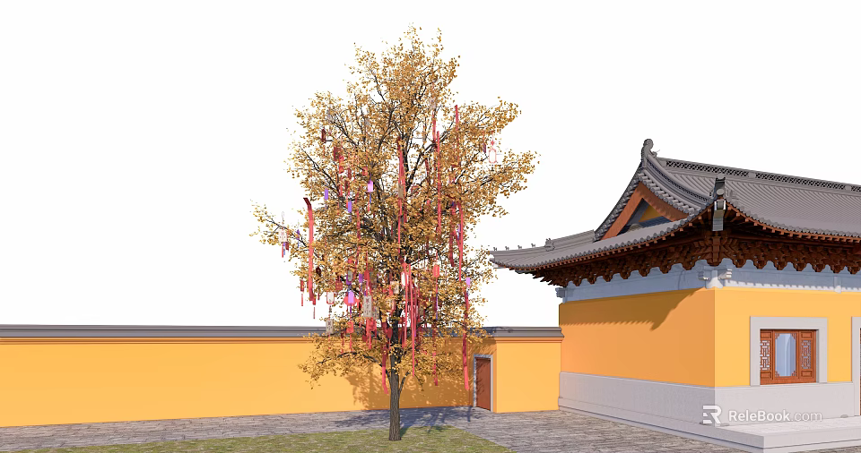 Chinese Arbor With Yellow Leaves And Red Pink Ribbons By Yellow Wall And Traditional Roof 3d model 