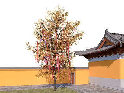 Chinese Arbor With Yellow Leaves And Red Pink Ribbons By Yellow Wall And Traditional Roof 3d model