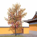 Chinese Arbor With Yellow Leaves And Red Pink Ribbons By Yellow Wall And Traditional Roof