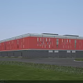 Modern Red Exterior Industrial Factory Building With Large Windows Gray Base And Green Lawn