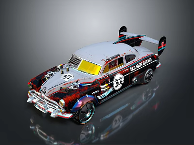 Vintage Race Car With Graffiti Design Rear Spoiler Number 37 And Multicolor Body 3d model