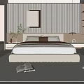 Modern Double Bed Interior With Upholstered Headboard Neutral Bedding And Textured Wall 3d model